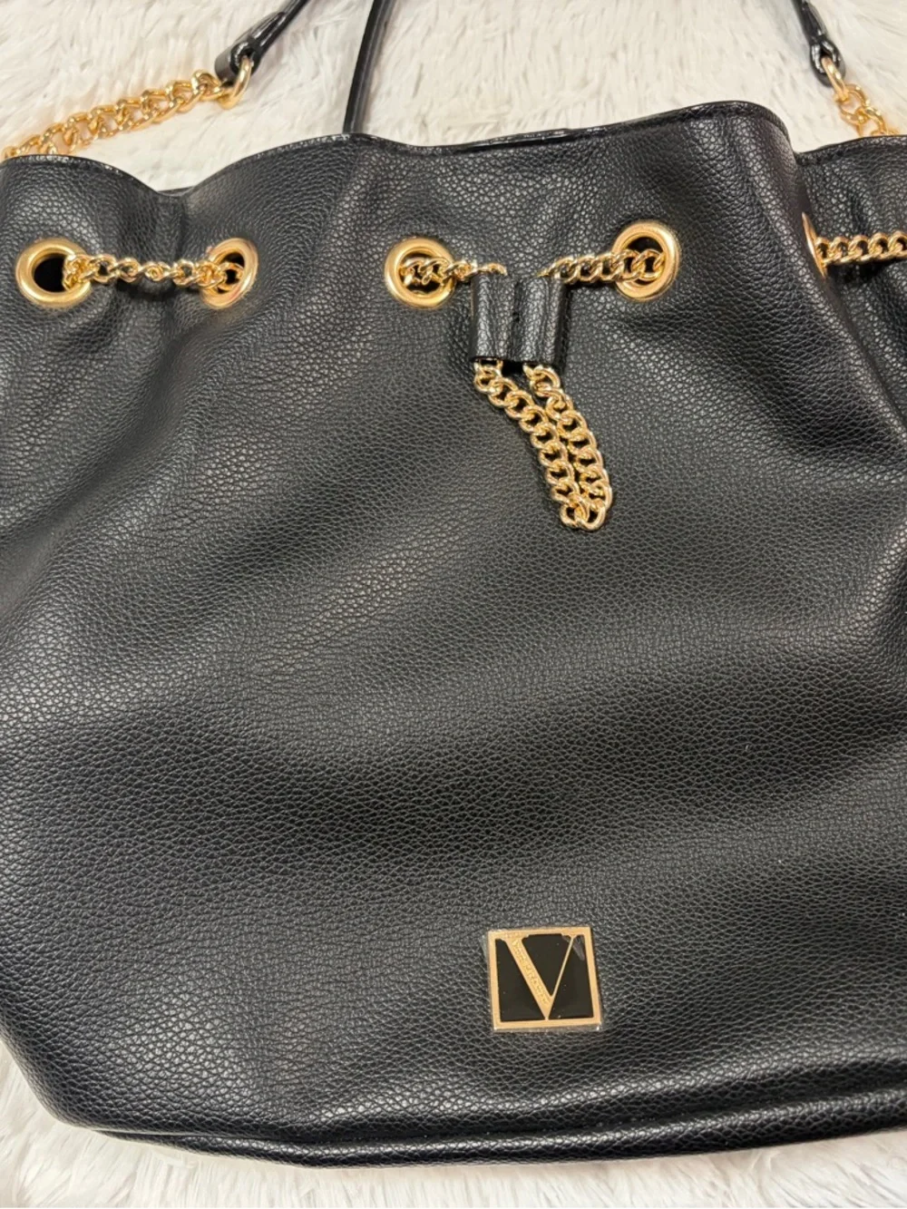 Victoria's Secret Black Drawstring Chain-Accent Hobo